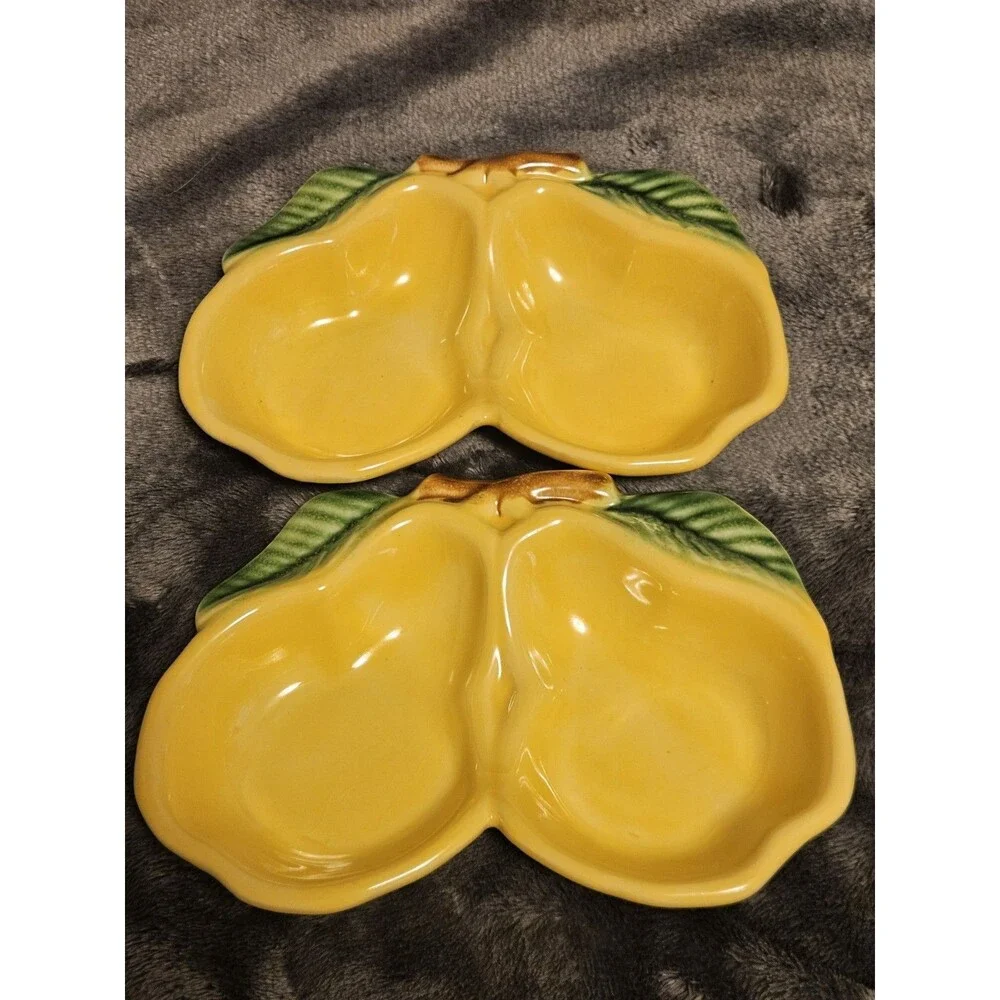 Vtg 1940's USA (4) Belmar 320 California Pottery Yellow Pear & Leaf Snack Dishes